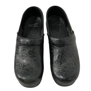 Dansko Professional Black Tooled Floral Clogs Women's EU 39 US 8.5-9